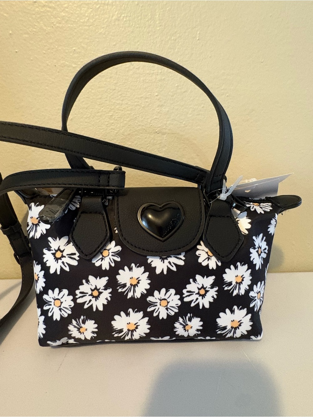 Betsey Johnson Black Daisy Heart Mini Satchel